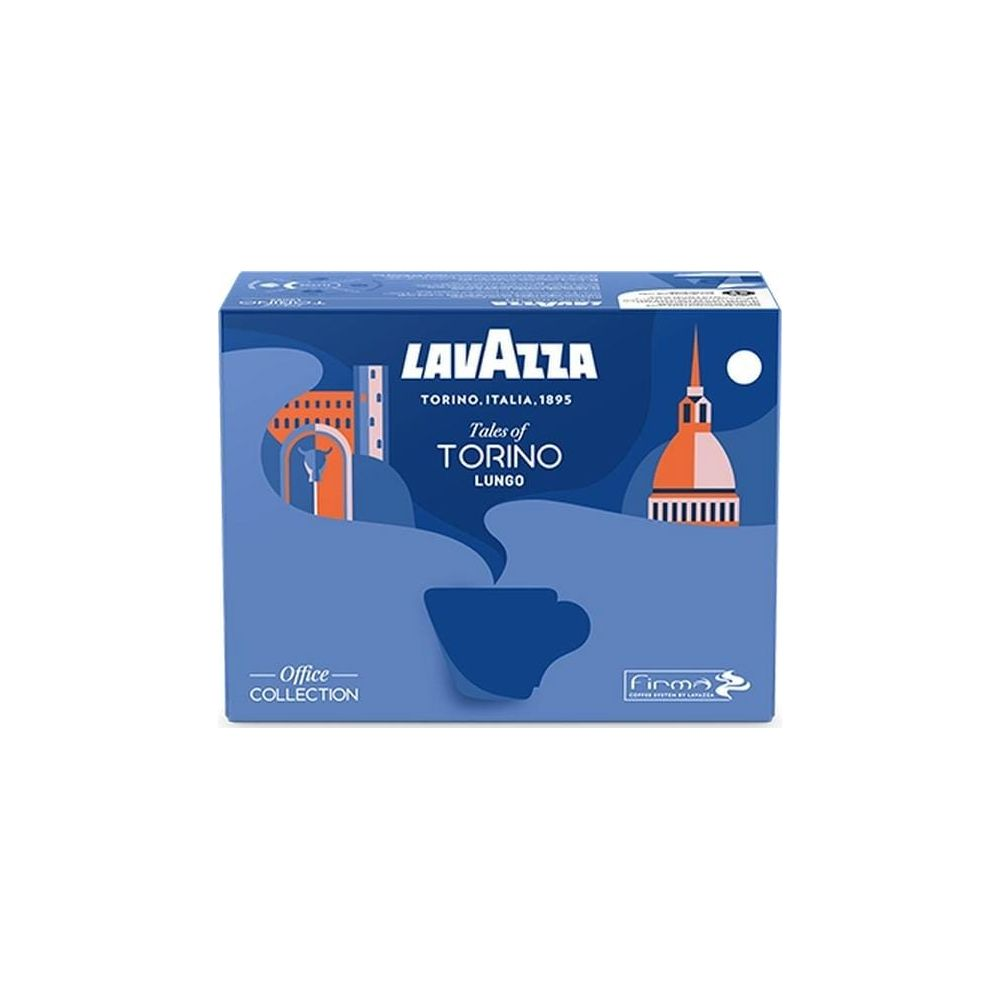 Scatola di caffè blu Lavazza Tales of Torino Lungo con illustrazione di città.