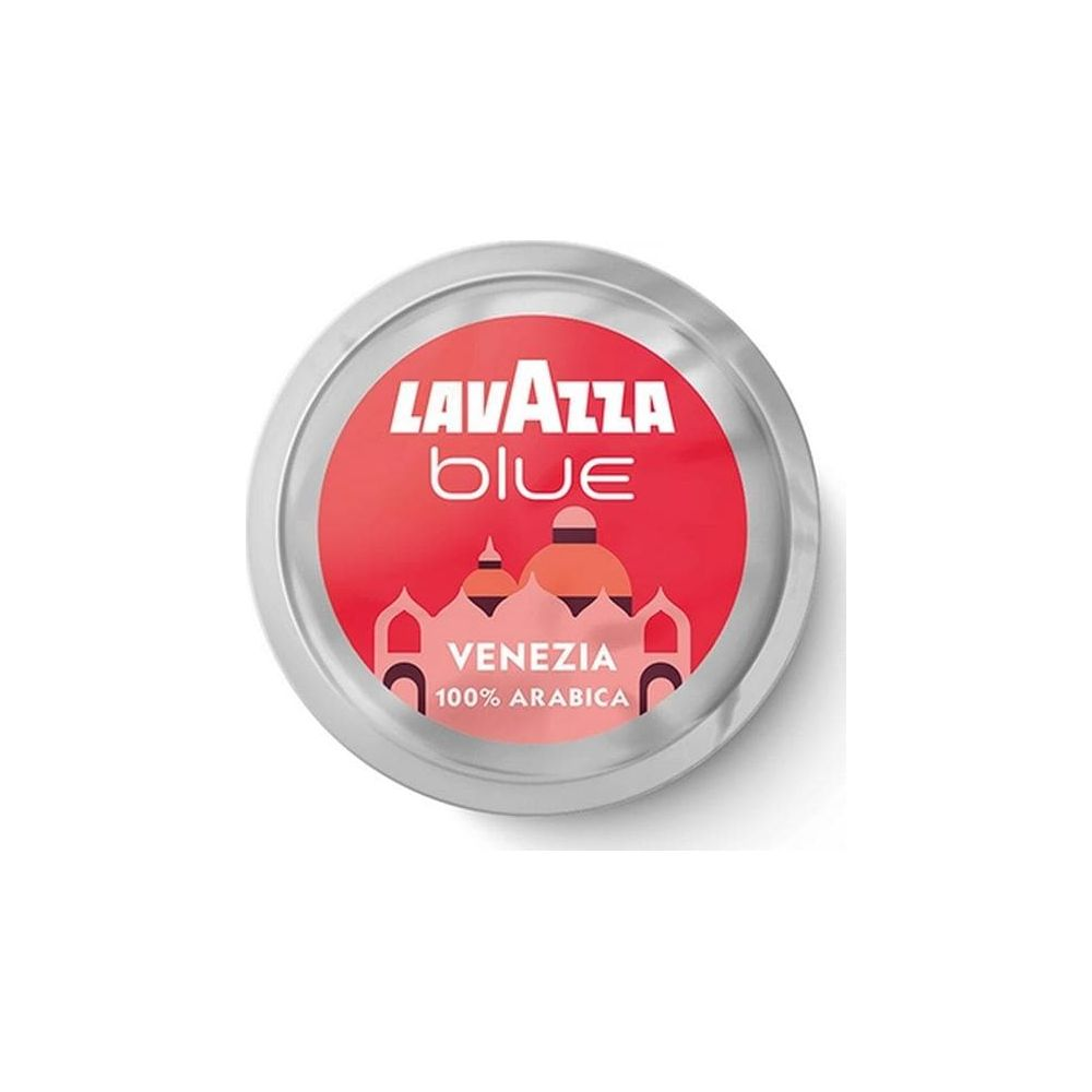 Capsula di caffè rotonda con etichetta rossa, scritta Lavazza Blue Venezia e silhouette di moschea su sfondo bianco.