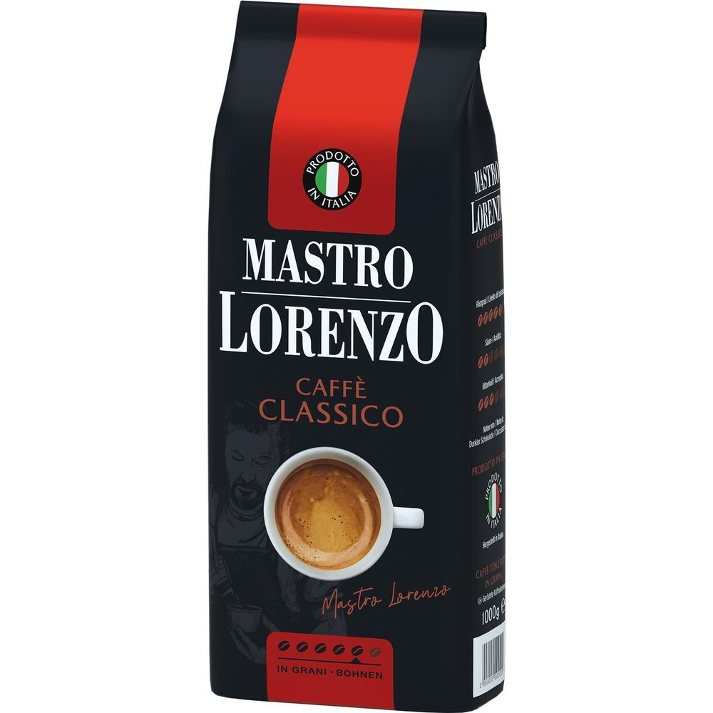 Schwarze Kaffeepackung Mastro Lorenzo Caffè Classico mit rotem Streifen, italienischer Flagge und einer Tasse Espresso.