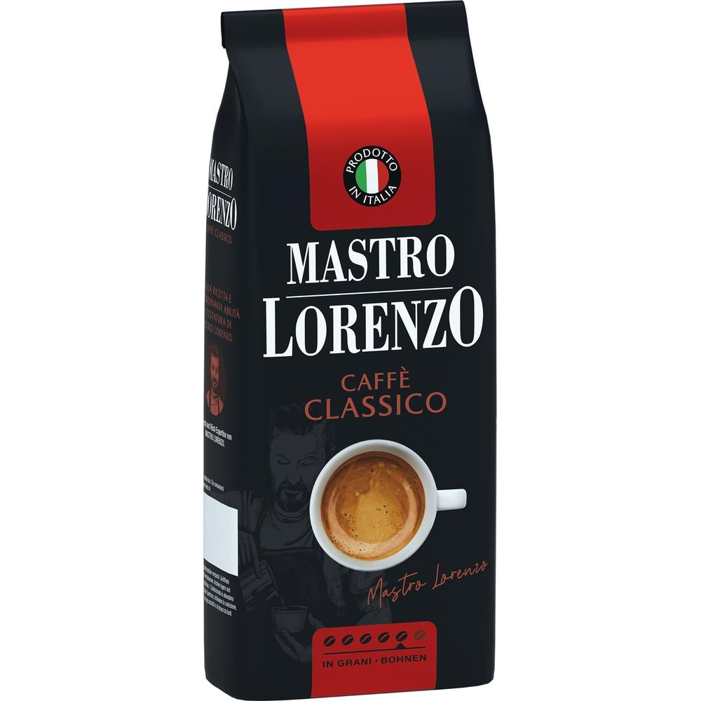 Schwarze Kaffeepackung mit rotem Streifen, weißem Logo und einer Tasse Espresso auf der Vorderseite.