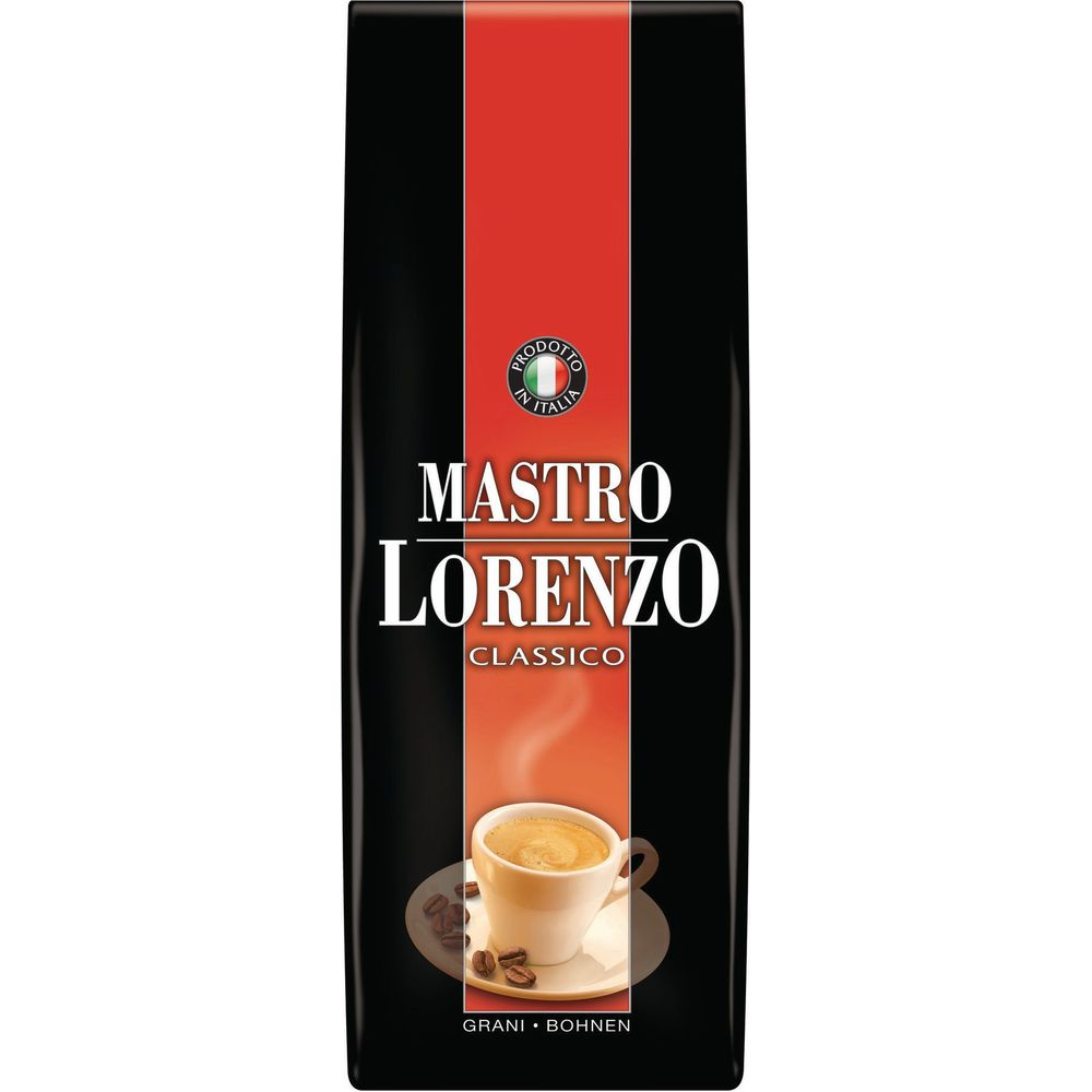 Schwarze Kaffeetüte von Mastro Lorenzo Classico mit rotem Streifen, Tasse Kaffee und Kaffeebohnen.