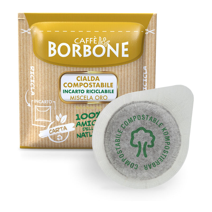 Una confezione di cialde di caffè Caffè Borbone e una cialda compostabile con il simbolo di un albero.