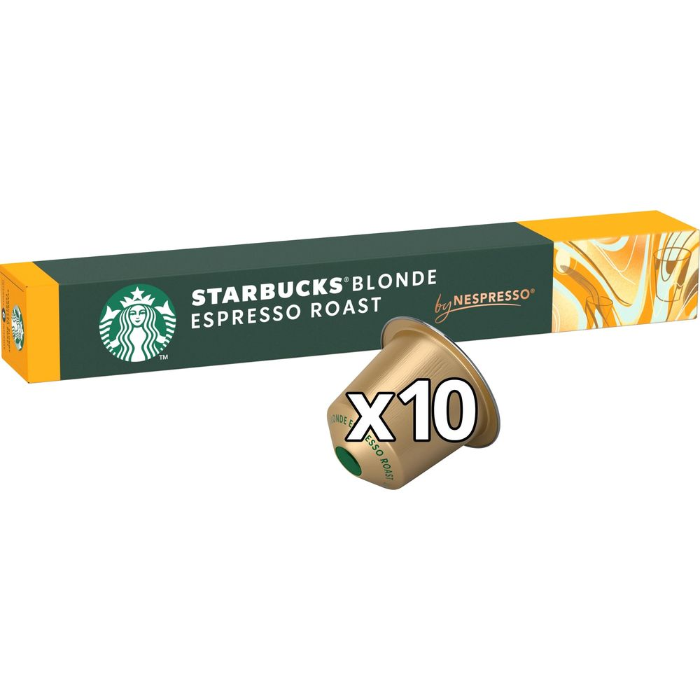 Scatola di capsule Starbucks Blonde Espresso Roast con capsula dorata e testo x10.