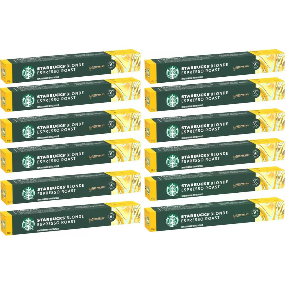 Dodici astucci di capsule di caffè Starbucks Blonde Espresso Roast disposti in due colonne su sfondo bianco.