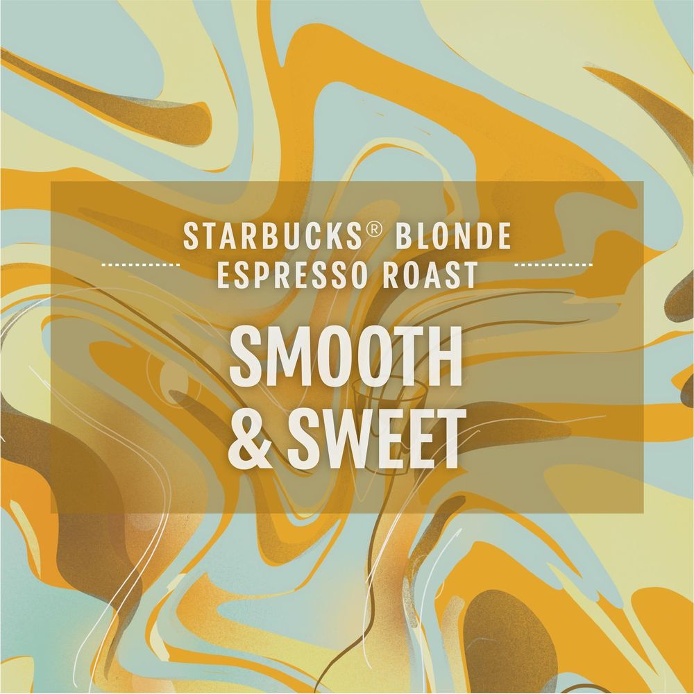 Pubblicità Starbucks Blonde Espresso Roast con motivo ondulato giallo e blu e testo Smooth & Sweet.
