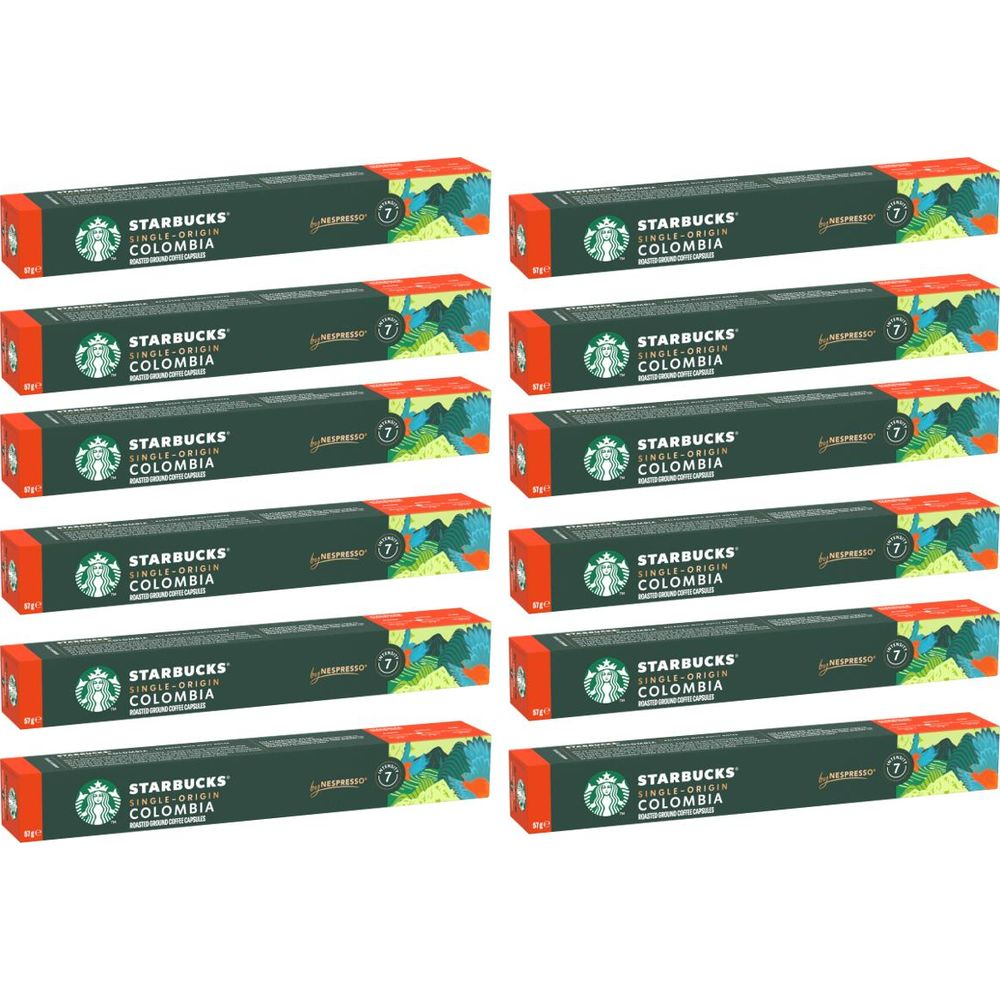 Dodici confezioni di capsule di caffè Starbucks Colombia Nespresso disposte su due colonne su sfondo bianco.