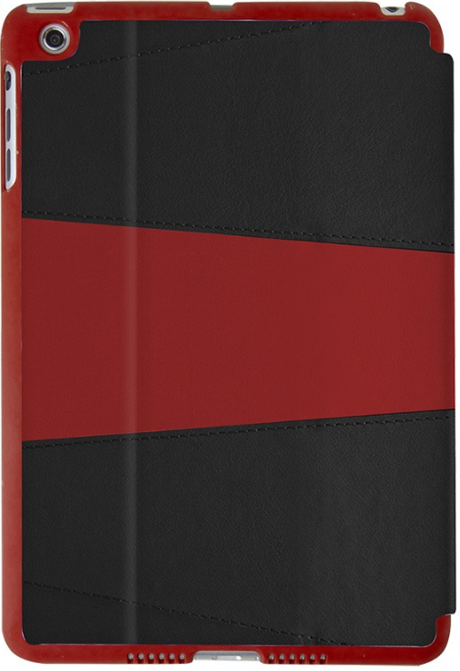 Una tableta en funda roja con cubierta negra y una franja diagonal roja.