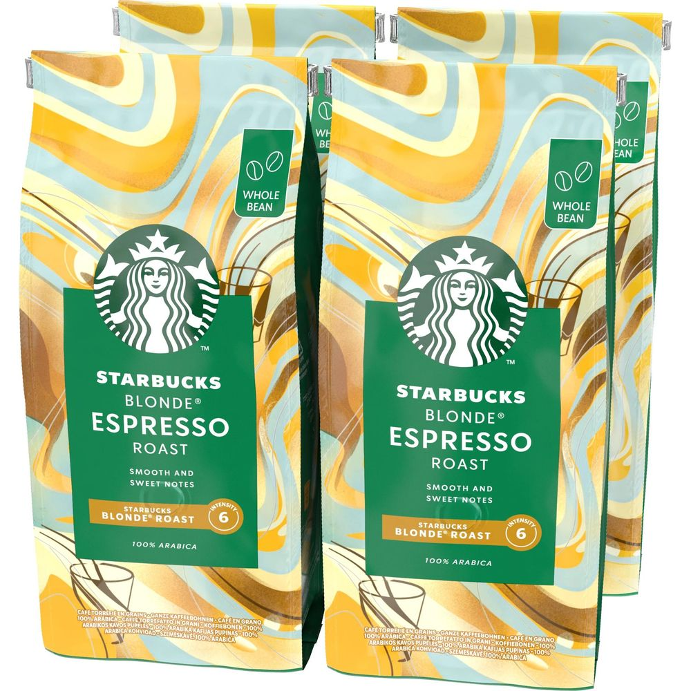 Vier grüne Starbucks Blonde Espresso Roast Kaffeebohnenverpackungen mit gelb-blauem Muster.