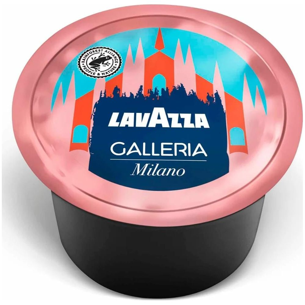Una capsula di caffè Lavazza Galleria Milano con bordo rosa, base nera e design del duomo di Milano.