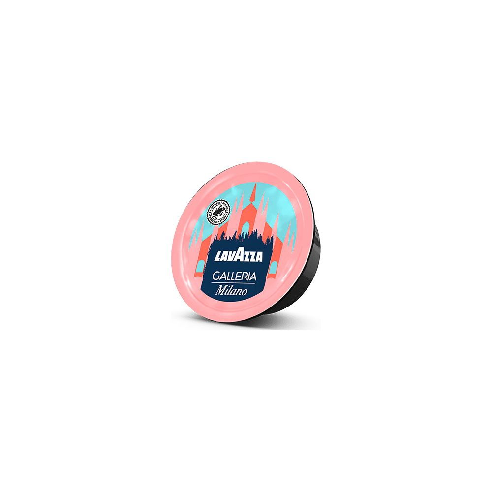 Una capsula di caffè Lavazza Galleria Milano con bordo rosa e illustrazione blu di Milano su sfondo bianco.