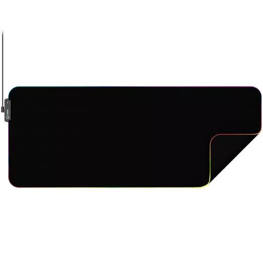 Duża czarna podkładka pod mysz dla graczy z podświetleniem RGB na krawędziach i kablem.