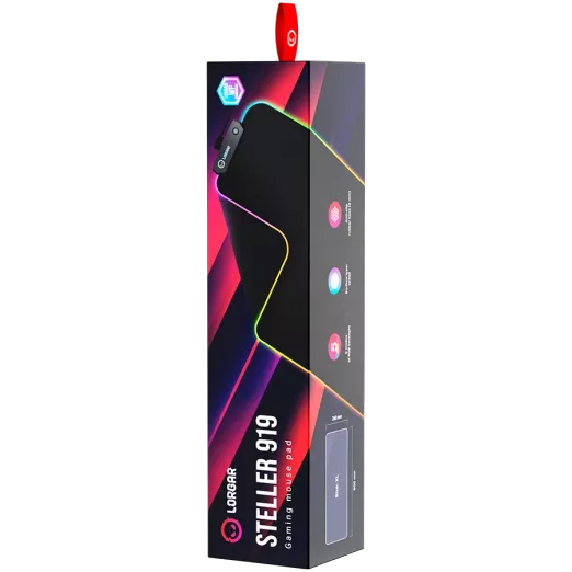 Opakowanie podkładki pod mysz dla graczy Lorgar Steller 919 z oświetleniem RGB na czarnym tle.