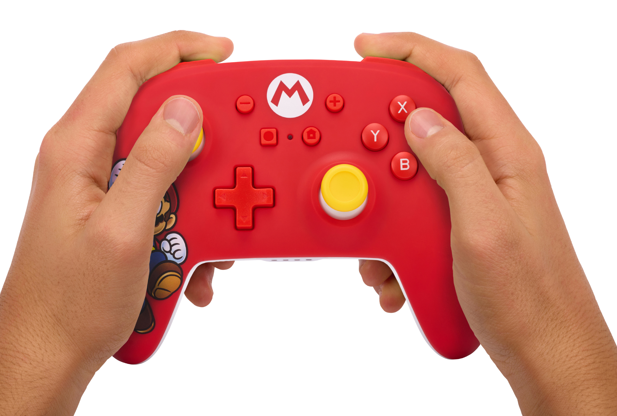 Hands holding a red Mario-themed wireless game controller with yellow thumbsticks against a white background.