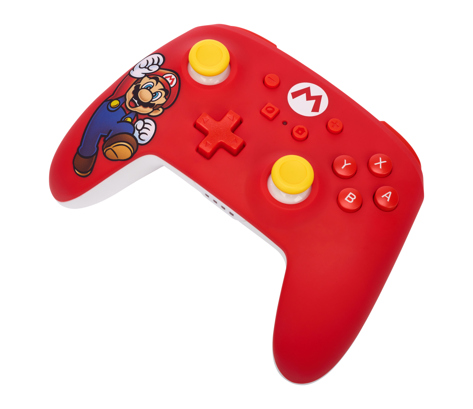 A red gaming controller featuring Super Mario on the left grip, yellow thumbsticks, and white action buttons.