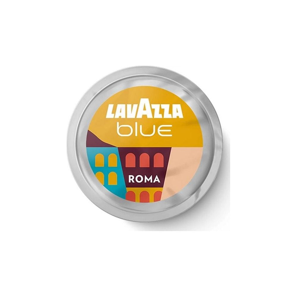 Capsula di caffè Lavazza Blue Roma rotonda con design di città colorato e testo bianco su sfondo giallo.