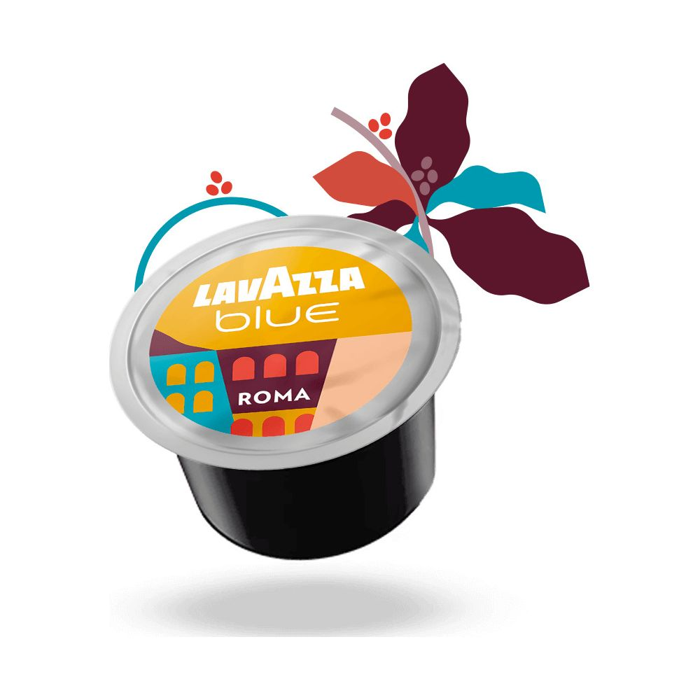 Capsula di caffè Lavazza Blue Roma con grafica colorata su sfondo bianco.