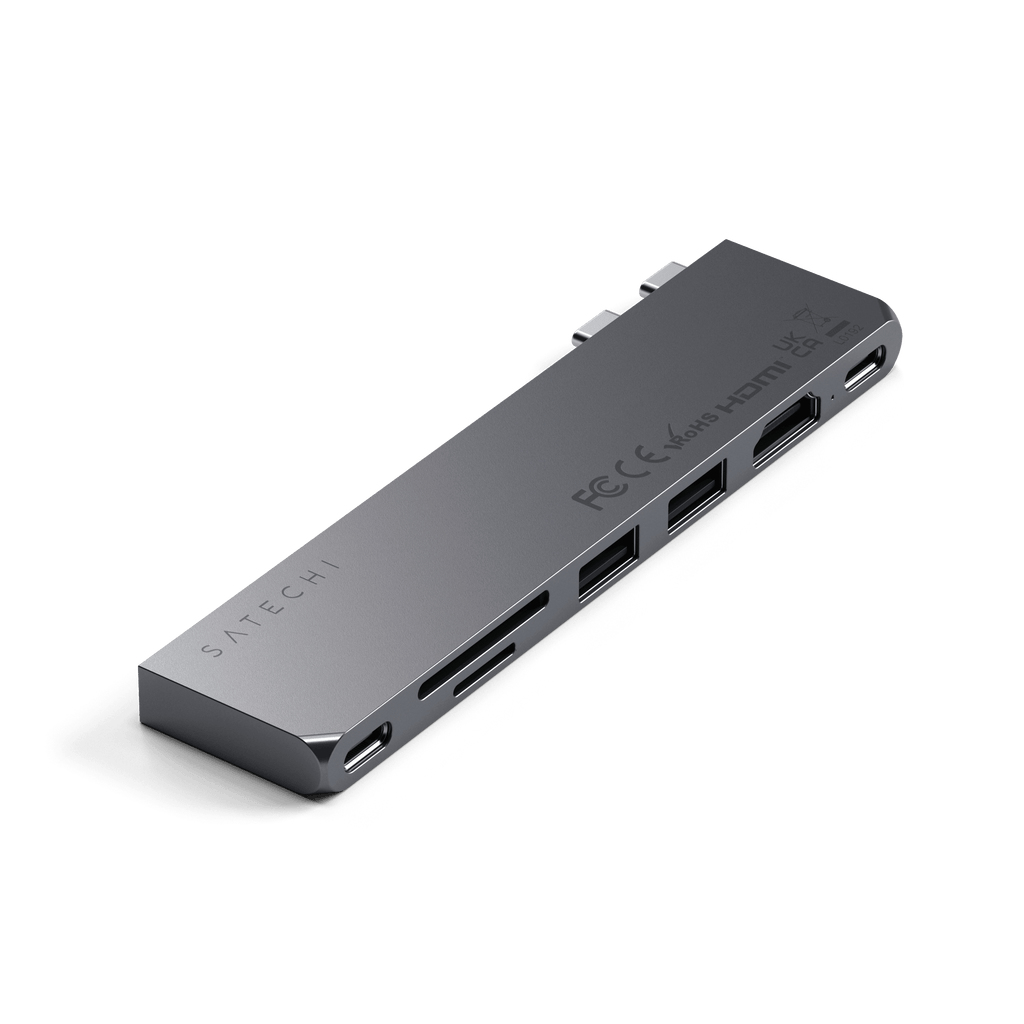 Szary hub USB-C Satechi z różnymi portami na białym tle.