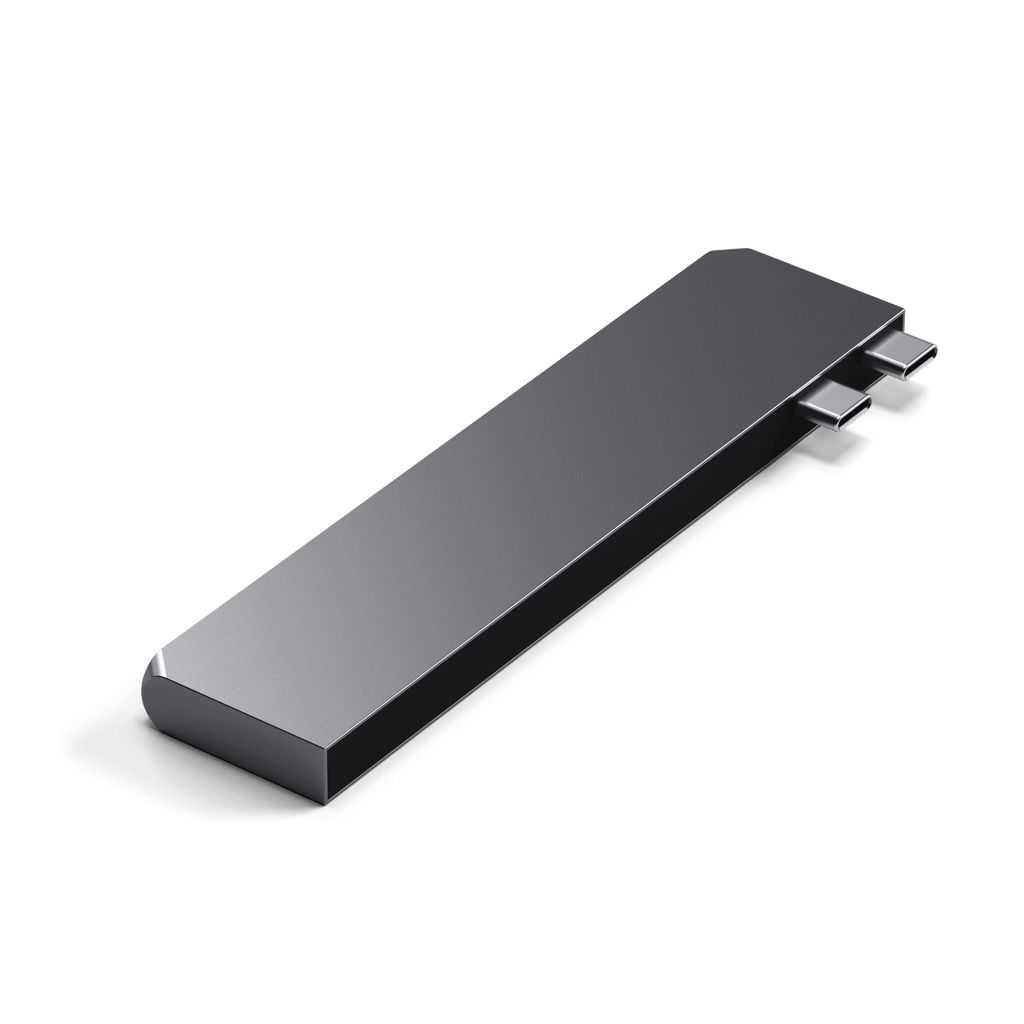 Szary hub USB-C z dwoma zintegrowanymi złączami na białym tle.