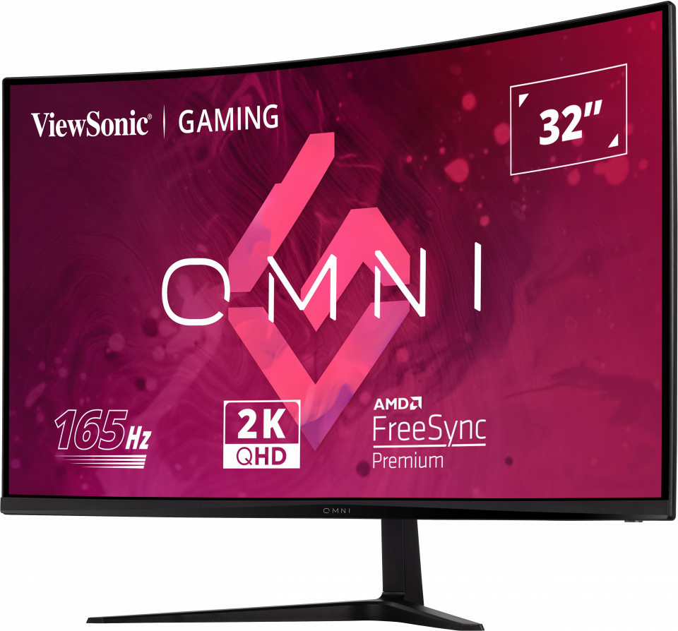 Monitor gaming curvo ViewSonic OMNI de 32 pulgadas con gráficos rojos, 165Hz, 2K QHD y AMD FreeSync Premium.