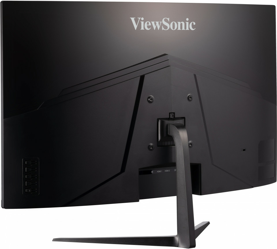 Parte trasera de un monitor negro ViewSonic con soporte en V y puertos visibles.