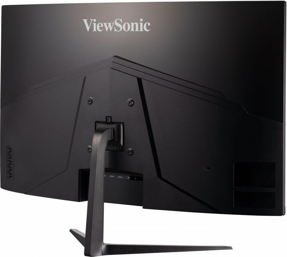 Vista trasera de un monitor negro ViewSonic con soporte sobre fondo blanco.