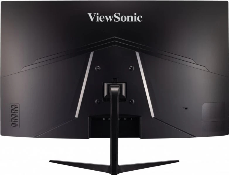 Vista trasera de un monitor negro ViewSonic con soporte y montaje VESA.