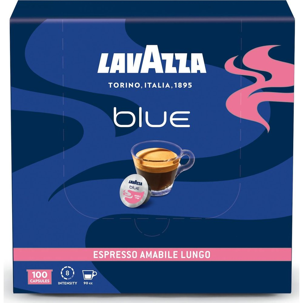 Scatola di capsule di caffè Lavazza Blue Espresso Amabile Lungo blu e rosa.