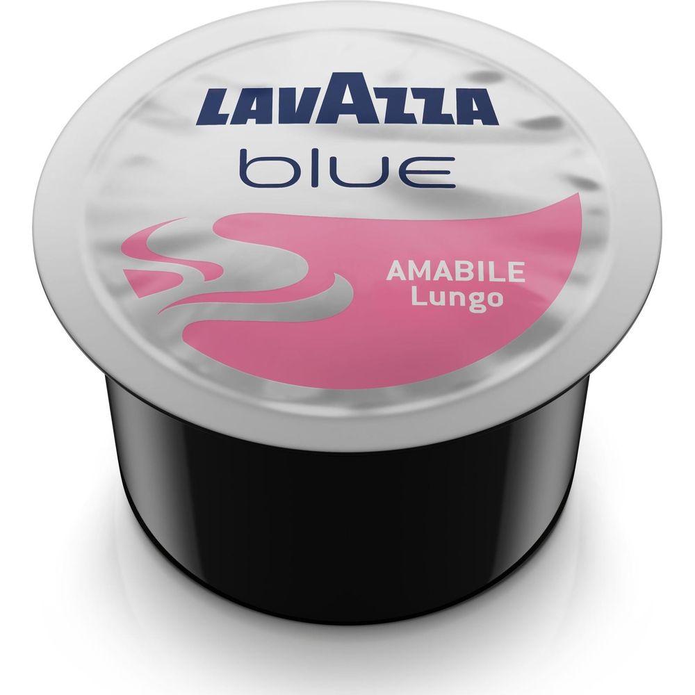 Una capsula di caffè nera Lavazza Blue Amabile Lungo con coperchio argentato e dettagli rosa.