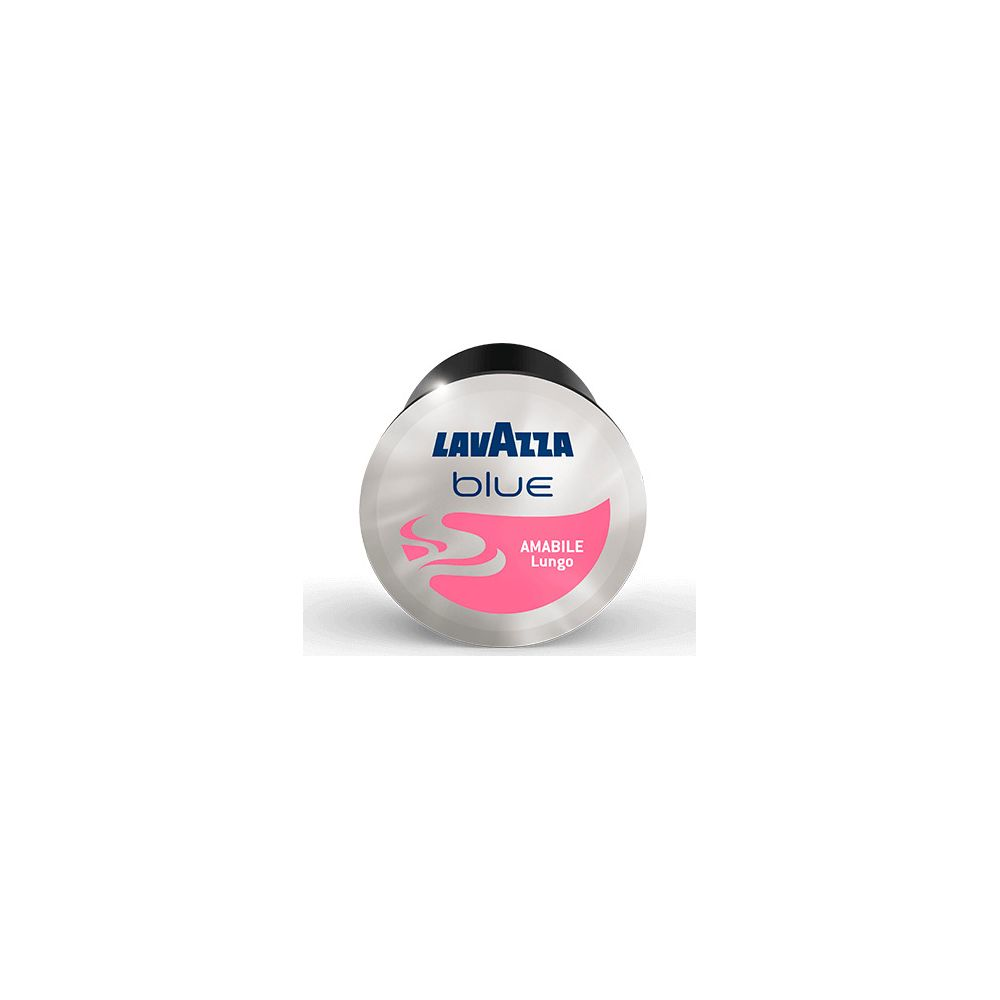 Una capsula di caffè argentata Lavazza Blue Amabile Lungo con dettagli rosa su sfondo bianco.