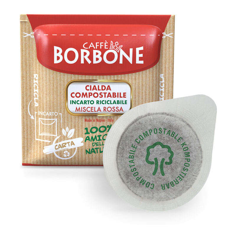 Cialda di caffè davanti a una confezione riciclabile con logo Borbone.