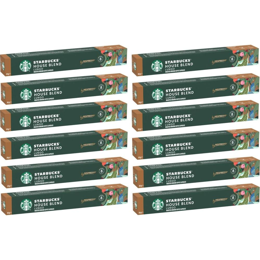 Dodici confezioni verdi di capsule di caffè Starbucks House Blend Nespresso in due colonne.