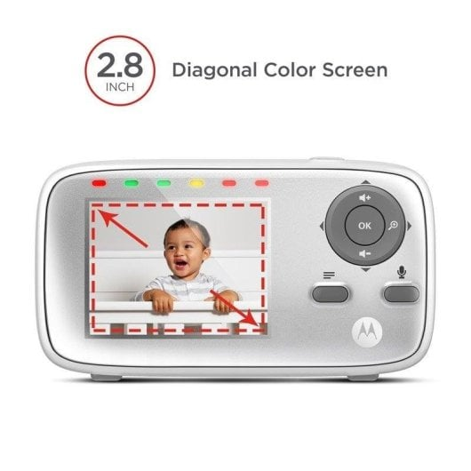 Ein weißer Babyfon-Empfänger mit einem 2,8-Zoll-Farbbildschirm, der ein lächelndes Baby zeigt.