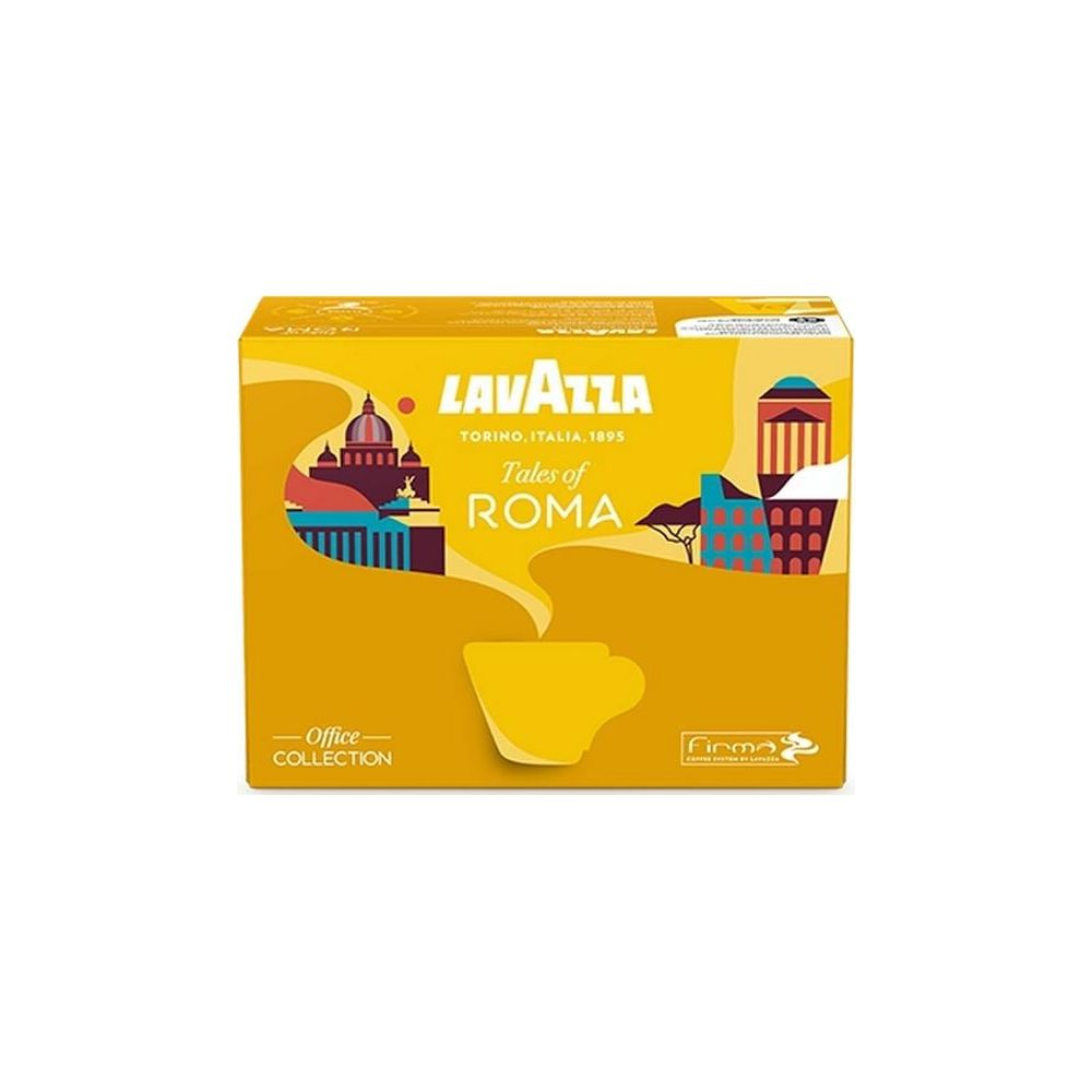 Scatola gialla di capsule di caffè Lavazza Tales of Roma con illustrazione di architettura romana su sfondo bianco.