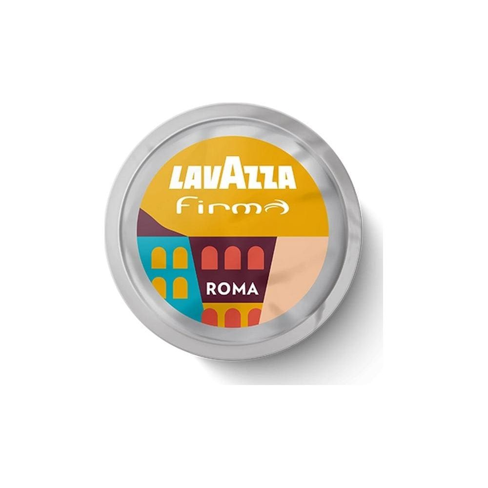 Una capsula di caffè Lavazza Firma Roma con design colorato su sfondo bianco.