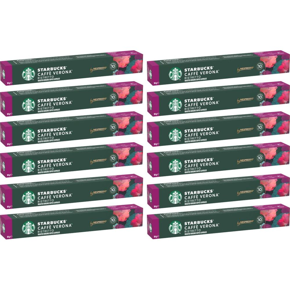 Dodici confezioni verdi di capsule di caffè Starbucks Caffe Verona Nespresso in due file.