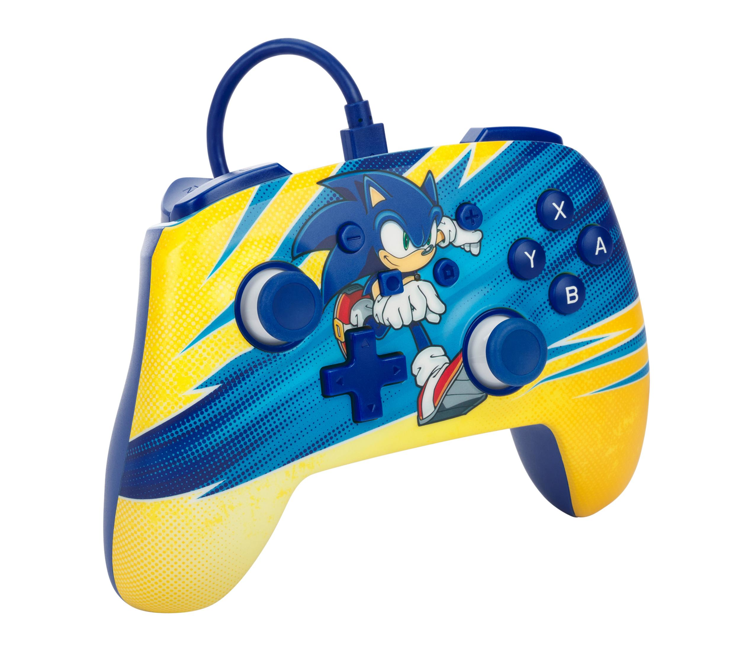 Un controlador de videojuegos azul y amarillo presenta a Sonic, joysticks, una cruceta y botones.