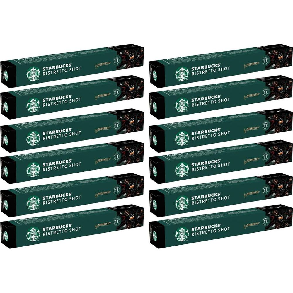 Dodici astucci verdi di capsule di caffè Starbucks Ristretto Shot per Nespresso su sfondo bianco.