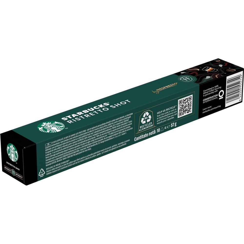 Un astuccio verde scuro di capsule di caffè Starbucks Ristretto Shot con testo bianco e info di riciclo.