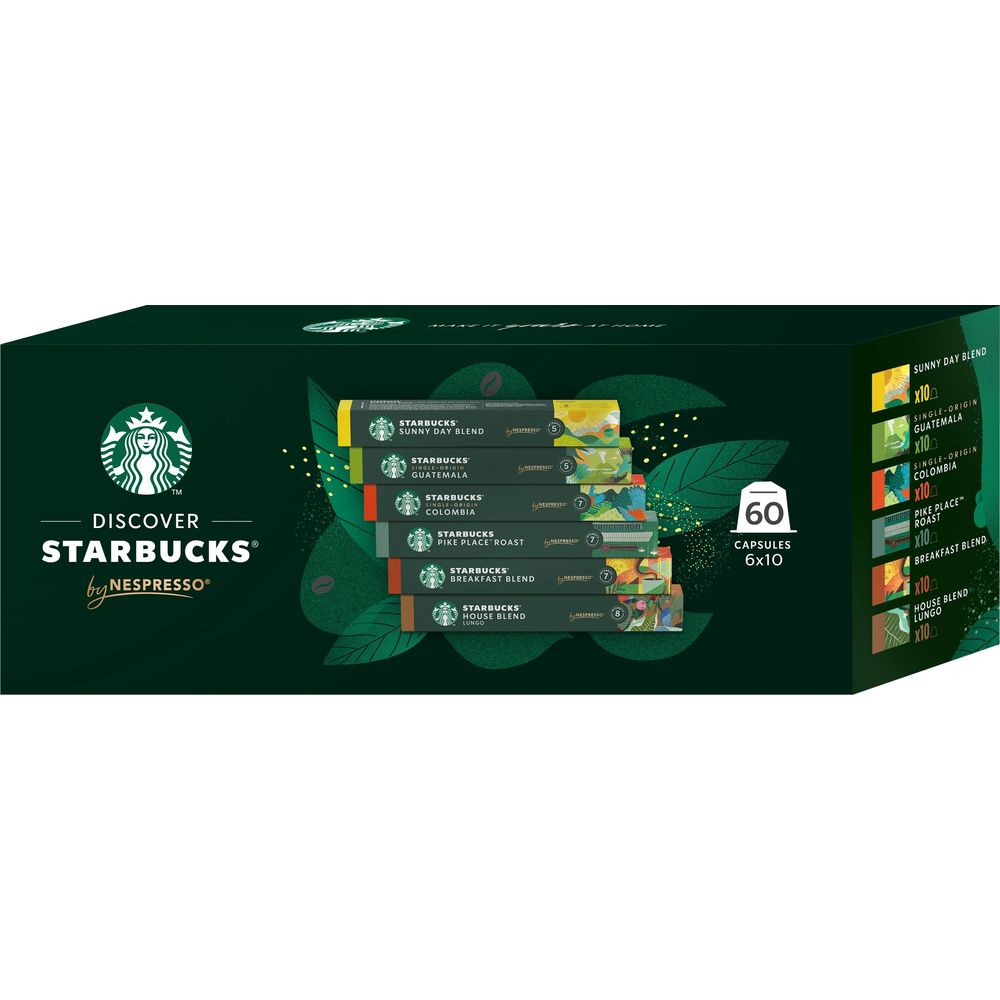 Scatola verde di capsule Starbucks Nespresso con 60 pezzi di diverse miscele.