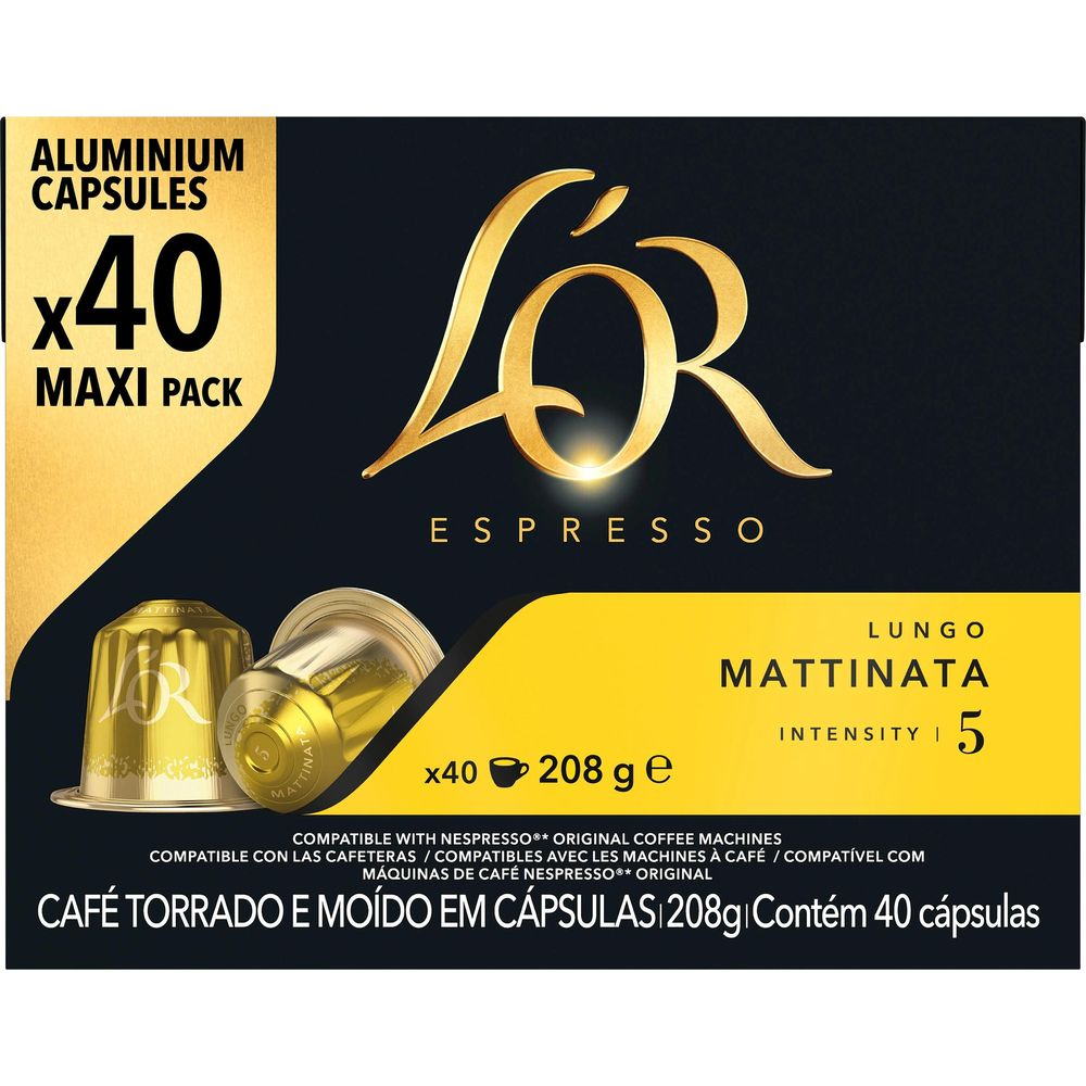 Scatola nera di capsule di caffè L'OR Lungo Mattinata con dettagli dorati e due capsule d'oro.
