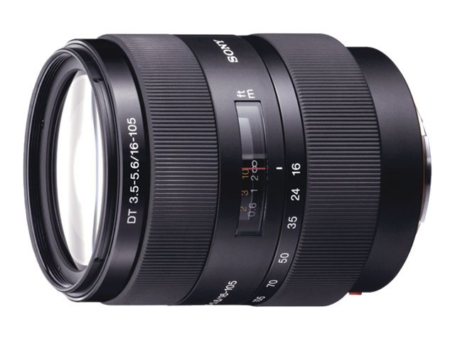 Schwarzes Sony DT 3.5-5.6/16-105 Kameraobjektiv auf weißem Hintergrund.