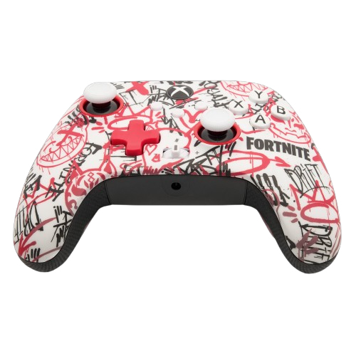 Weißer Xbox-Controller mit rotem und schwarzem Fortnite-Graffiti-Design, weißen Sticks und rotem Steuerkreuz.