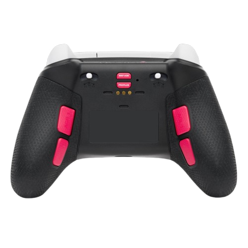 Rückseite eines schwarzen Gamepads mit strukturierten Griffen, weißen oberen Tasten und pinken Zusatztasten.