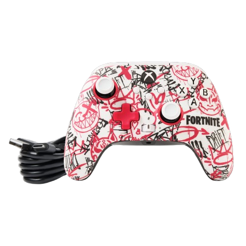 Ein weißer Xbox-Controller mit rotem und schwarzem Graffiti-Muster, Fortnite-Logo und angeschlossenem schwarzem Kabel.