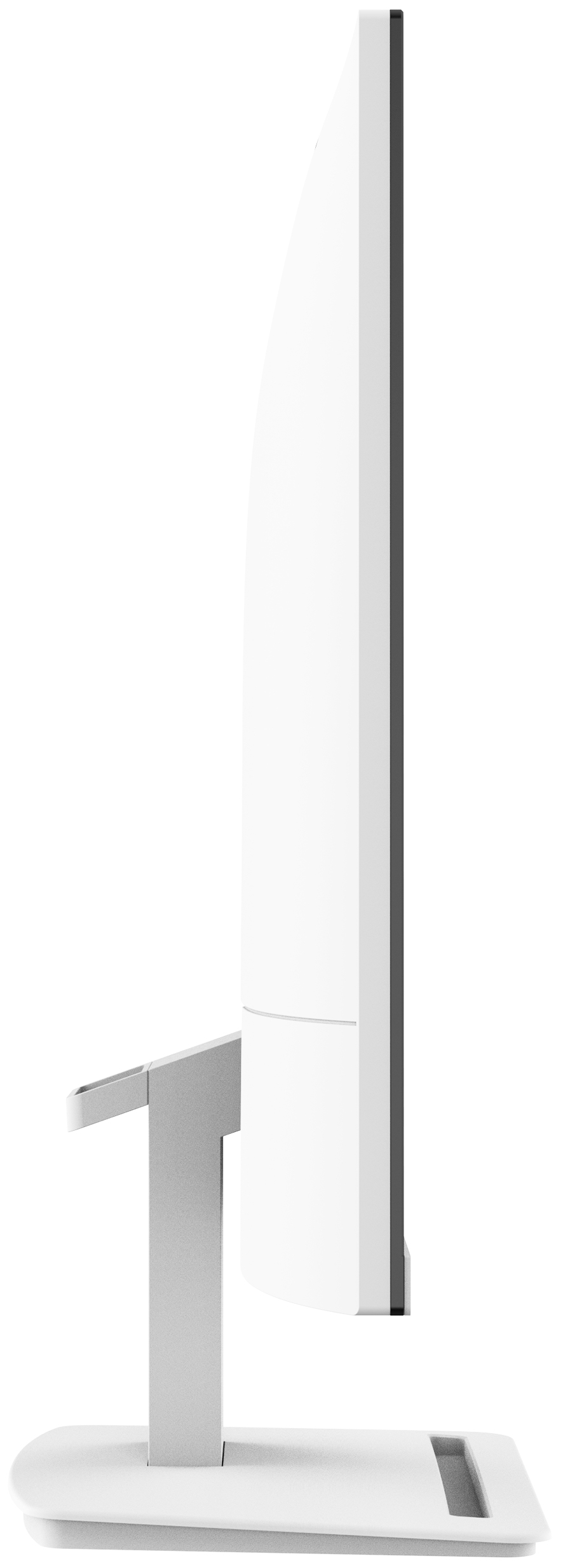 Un monitor de computadora blanco visto de lado, mostrando su pantalla curva, soporte y base sobre fondo blanco.