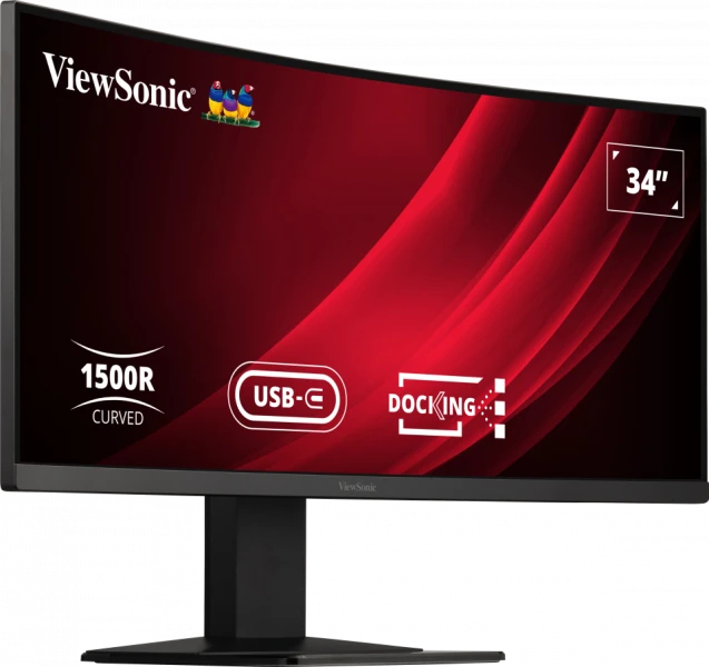 Un monitor curvo ViewSonic de 34 pulgadas con fondo rojo, puerto USB-C y función de acoplamiento.