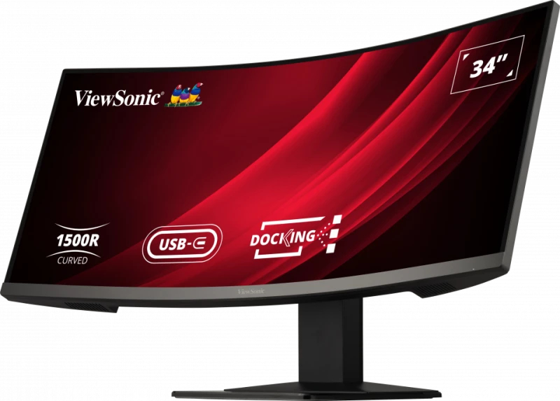 Un monitor curvo ViewSonic de 34 pulgadas con USB-C y funciones de acoplamiento muestra un fondo rojo.
