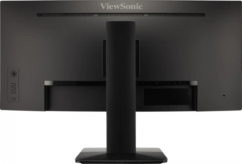 Vista trasera de un monitor negro ViewSonic con soporte, puertos y logotipo en la parte superior.