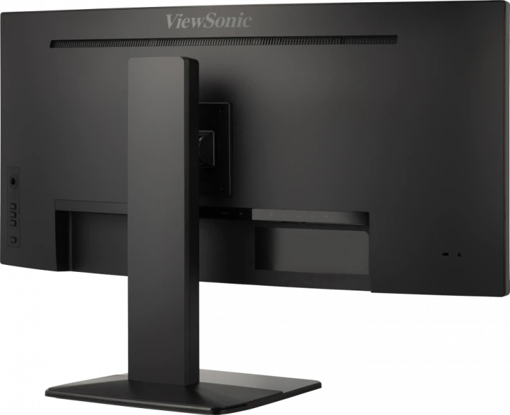 La parte trasera de un monitor ViewSonic negro con soporte sobre fondo neutro.