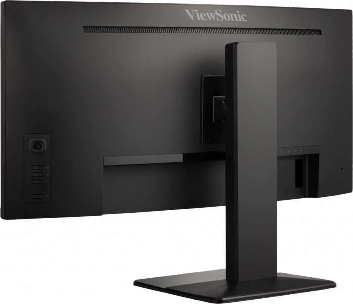 Vista trasera de un monitor ViewSonic negro con soporte resistente.